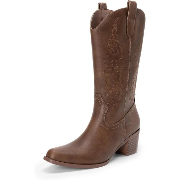 Women's Brown-pu Square Toe Cowgirl Faux Suede Mid Calf Block Heel Western Boots